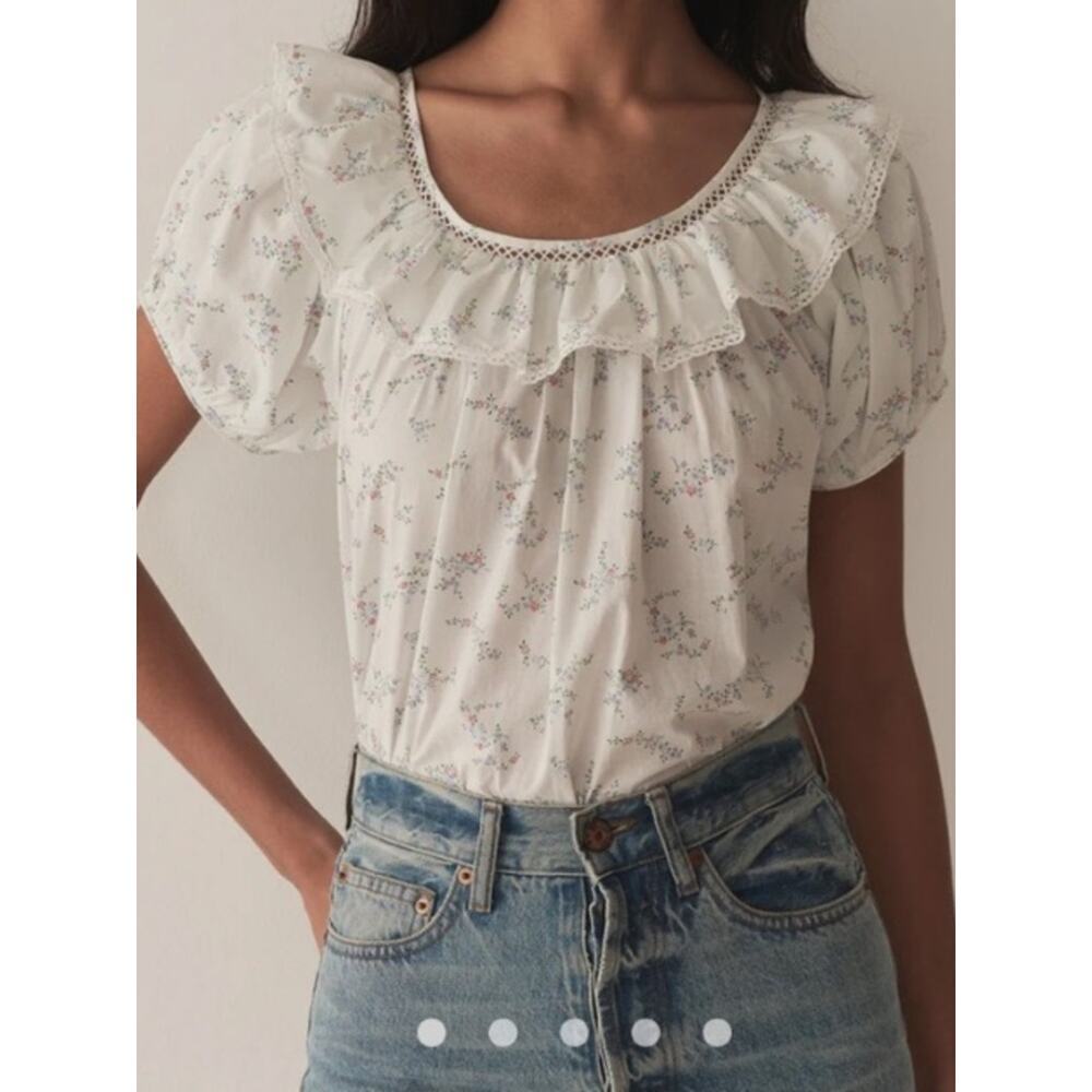NWT Doen Silvie Cotton Ruffle Floral Short Puff Sleeve Blouse Top Cottage Grove